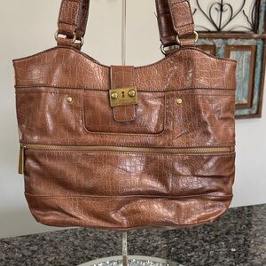 Tyler Rodan Brown Croc-Embossed Shoulder Tote with brassy gold Hardware